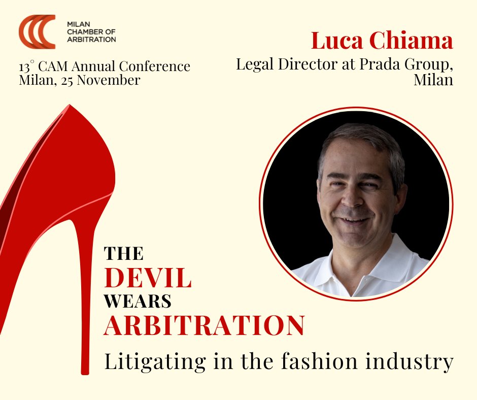 Luca Chiama, Legal Director at  <a href="/Prada/">PRADA</a>, will be joining us as speaker in the 13° CAM Annual Conference!
Info and registration 👉 bit.ly/3dcsVAz
#CAMannualconference #arbitration #fashionandarbitration #fashionindustry #thedevilwearsarbitration