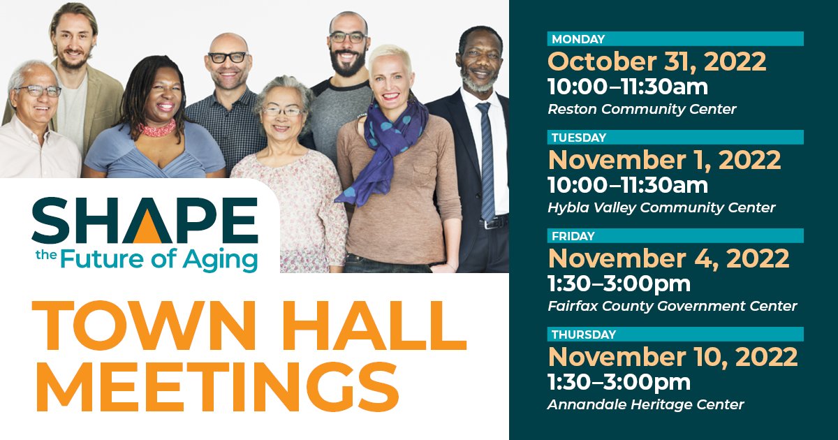 Fairfax County, together with the cities of Fairfax and Falls Church, is collecting input to learn more about the aging experience in our area. Four town hall meetings are scheduled: Oct. 31 Nov. 1 Nov. 4 Nov. 10 Register: bit.ly/olderadultsurv…