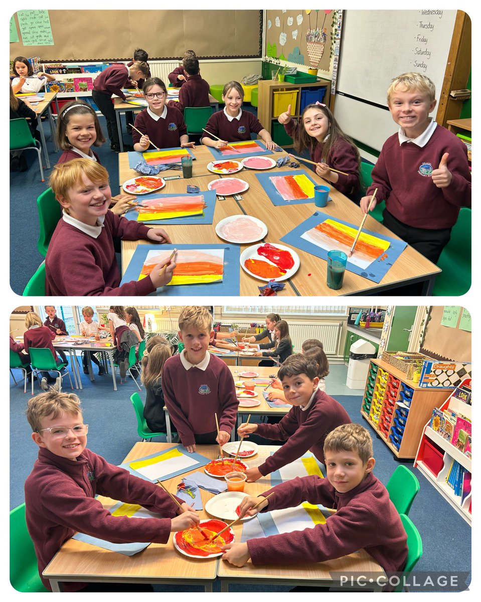 Jennife74258458's tweet photo. This week P4/5 enjoyed creating sunset pictures. They mixed colours to paint the background and used their cutting and sticking skills to add the trees, moon and buildings. They turned out quite well!! What do you think? @DrakiesPS https://t.co/HcNqWYWCD9