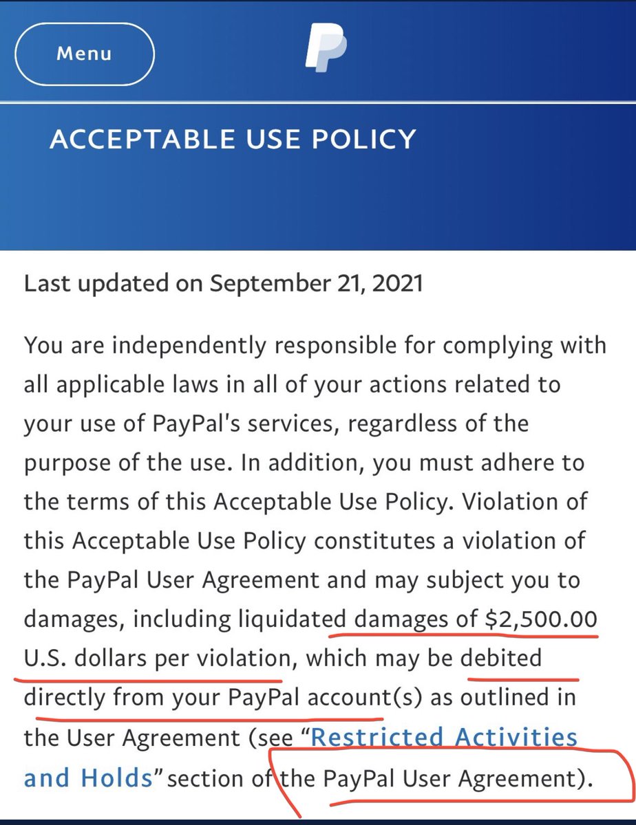 ⚠️ @PayPal LIED they said it was a “mistake” But the $2500 fine - per violation- is still part of the user agreement 😼 THEY should be fined for misinformation. LIARS #PayPalCancelled #CitizenJournalism paypal.com/us/webapps/mpp…