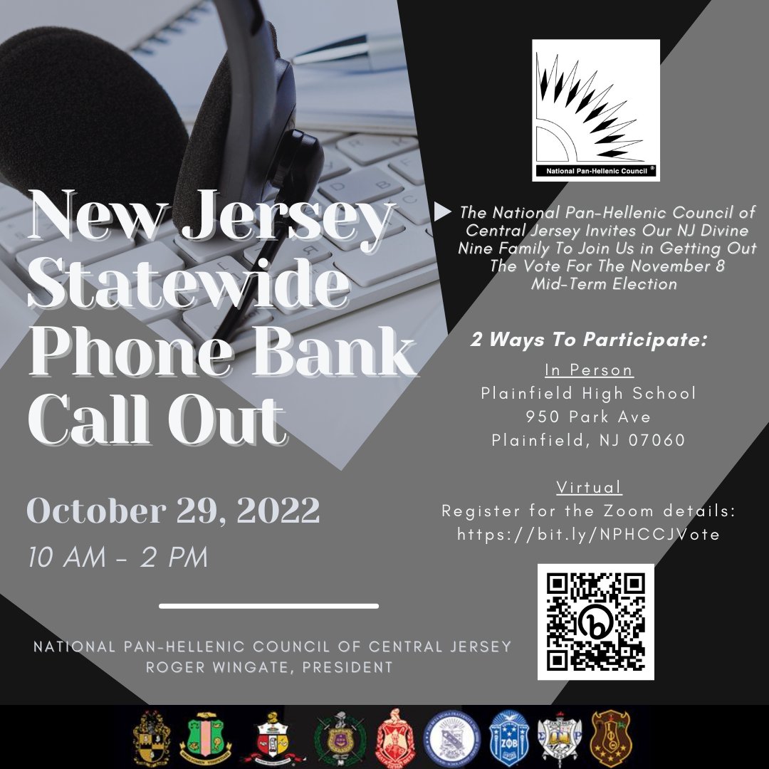 NJCivicEngage's tweet photo. Join the Natl Pan-Hellenic Council of Central Jersey for a โnon-partisan Statewide Phone Bank to โremind folks to vote in the General Election. Register at: https://t.co/Z5VWGZkSfD. Or go in-person to the address below. Bring a cell phone & tablet/laptop. #DivineNineUnity #Vote https://t.co/3UORLwL4ES