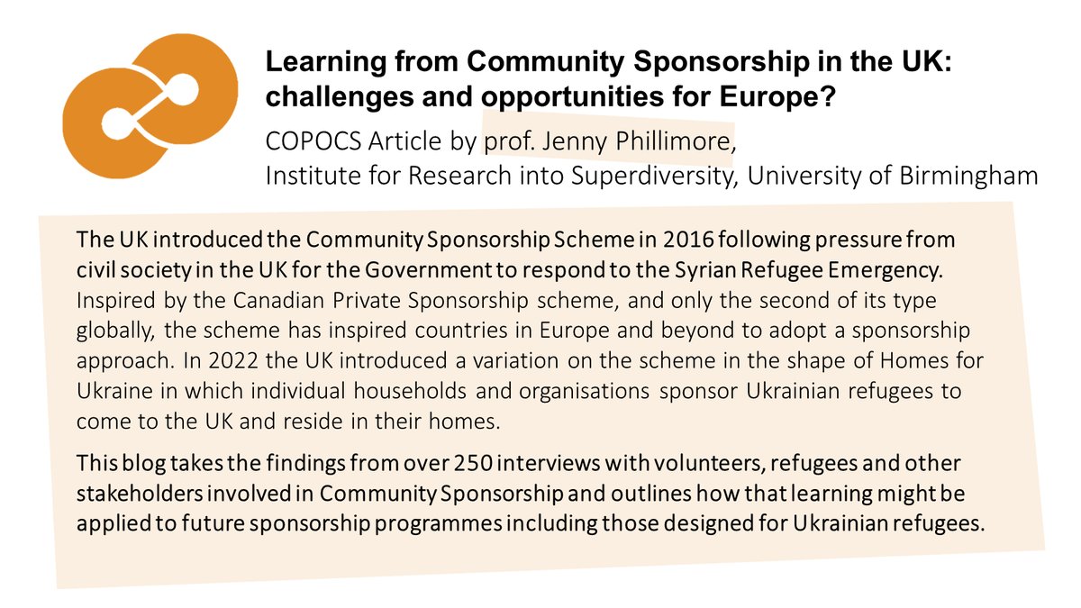 #COPOCSarticles
Read the a newest COPOCS article by <a href="/japhillimore/">Jenny phillimore @japhillimore@ohai.social</a>, in which she describes #CommunitySponsorship program in UK. The article presents results of a large study conducted by the author and advices for other countries based on UK example. copocsproject.eu/new-copocs-art…