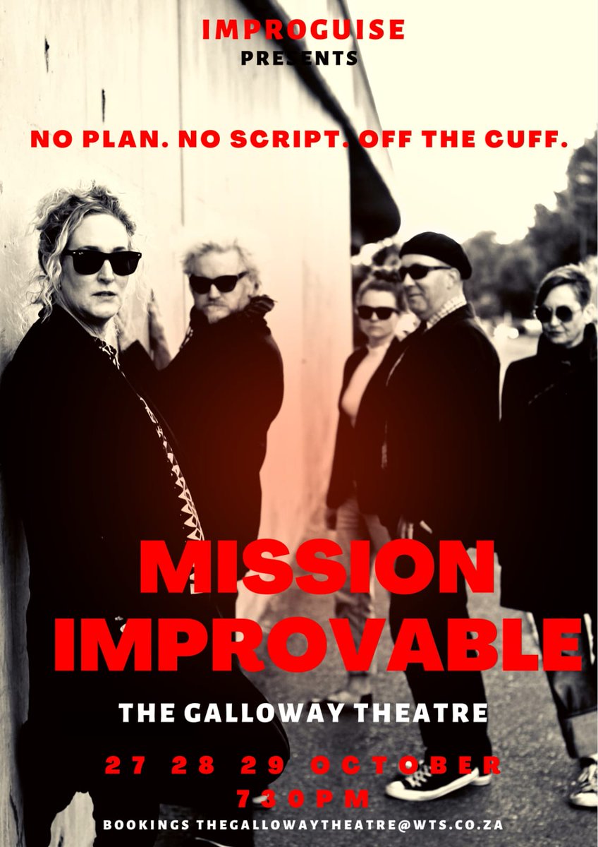 The team have bravely accepted their MISSION IMPROVABLE but they can't complete their mission without YOU.
<a href="/TheatreGalloway/">The Galloway Theatre</a>
<a href="/tixsa_co_za/">Tixsa</a> <a href="/CapeTimesSA/">Cape Times</a> <a href="/ImprovCapeTown/">Improv Cape Town</a> <a href="/Next48Hours/">Next 48 Hours</a> <a href="/1artbeat/">barkin.eth✨</a> <a href="/cape_town_guide/">Cape-Town-Guide</a> <a href="/capeStage/">Cape Town Performs</a> <a href="/CapeTimesArts/">Goodlife</a> <a href="/capetown_events/">Cape Town Events</a> <a href="/CapeTownEtc/">Cape {town} Etc</a>
