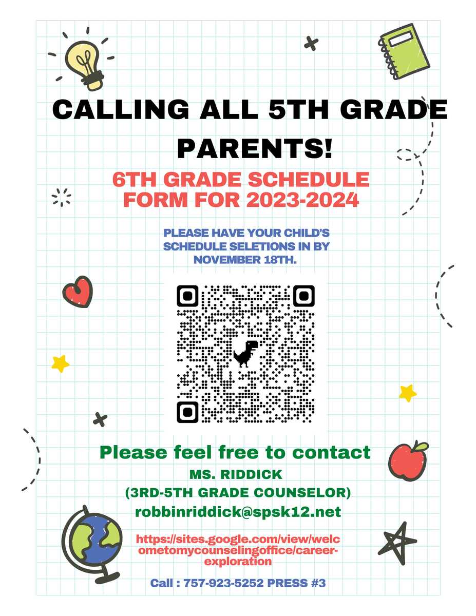 HillpointHusky's tweet photo. Calling all 5th grade parents!  It is time to begin selecting your child's 6th grade electives for the 2023-2024 School year!  Please see the flyer w/ QR code below for details. #5thgradeACPplans  #rising6thgraders #Seeyourschoolcounselor #HPLeadersofthePack #BuildingtheBestSPS https://t.co/8wGCPyoOcf