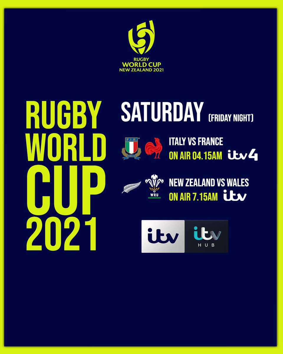 ITVRugby's tweet photo. 💥 Time for the 𝗸𝗻𝗼𝗰𝗸 𝗼𝘂𝘁𝘀 💥

Here's what we've got coming up for you this weekend on ITV and ITV4 at #RWC2021

Get the coffees and alarm clocks at the ready ☕️⏰ https://t.co/TX5g4wsTJU