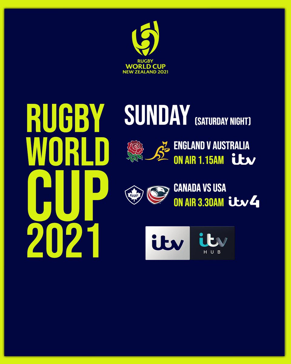 💥 Time for the 𝗸𝗻𝗼𝗰𝗸 𝗼𝘂𝘁𝘀 💥

Here's what we've got coming up for you this weekend on ITV and ITV4 at #RWC2021

Get the coffees and alarm clocks at the ready ☕️⏰