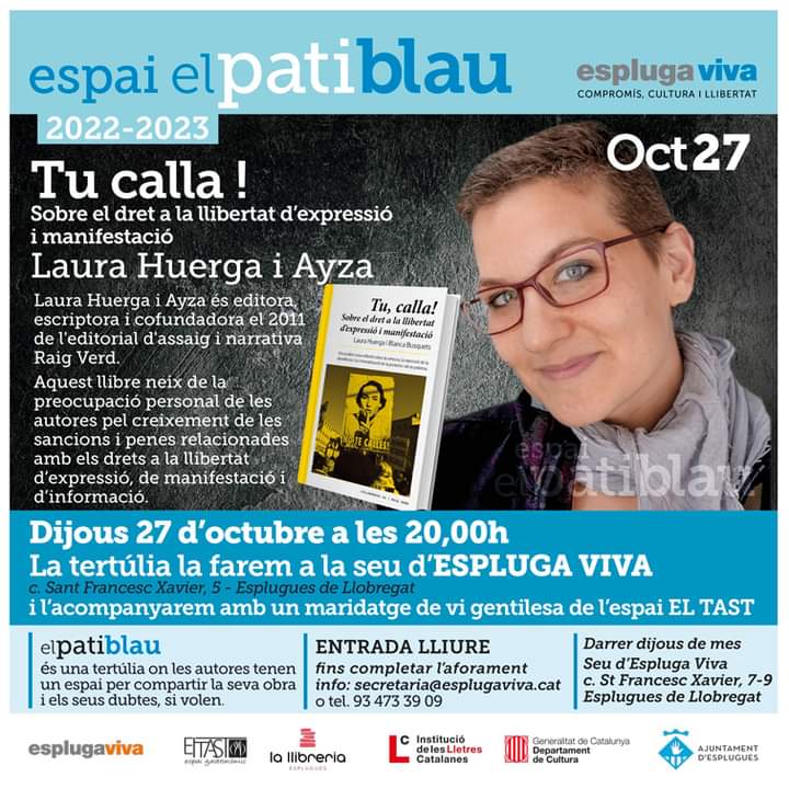 Espluga_Viva's tweet photo. Avui #PatiBlau amb @LauraHuergaRV a partir del  llibre "Tu calla!" #llibertatexpressio #Esplugues https://t.co/LX2PKT1kSj