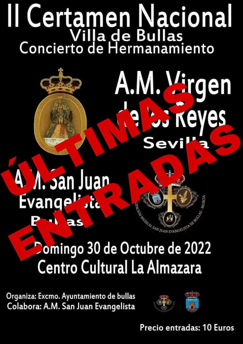 Ultimas entradas a la venta para ver a la <a href="/AgrupacionVR/">Virgen de los Reyes</a> en Bullas el domingo 30 de noviembre a las 12:30.
Reserva tu entrada en 641 07 18 04