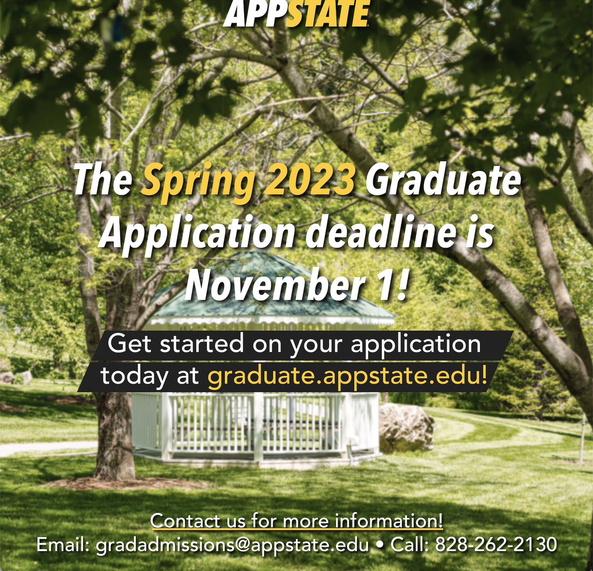 There is still time to apply for Spring 2023 graduate programs! The application deadline is November 1! For more information visit graduate.appstate.edu and follow 
<a href="/grdschlappstate/">Appalachian State University Graduate School</a>