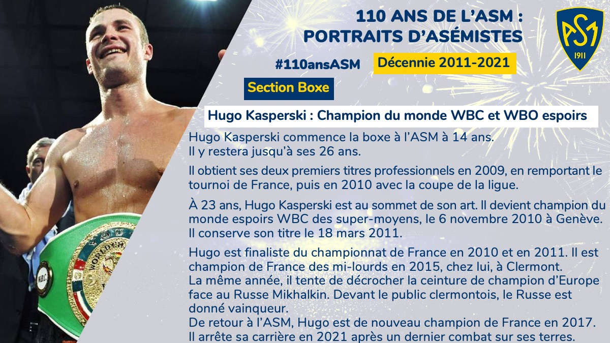 Asm_Omnisports's tweet photo. 💛💙 #110ansASM à l’occasion des 110 ans du club nous vous donnons rendez-vous toutes les semaines pour découvrir des portraits d’asémistes par décennie. Le troisième portrait pour la décennie 2011-2021 est consacré à Hugo Kasperski : Champion du monde WBC et WBO espoirs ! https://t.co/cOVPP3h0Yj