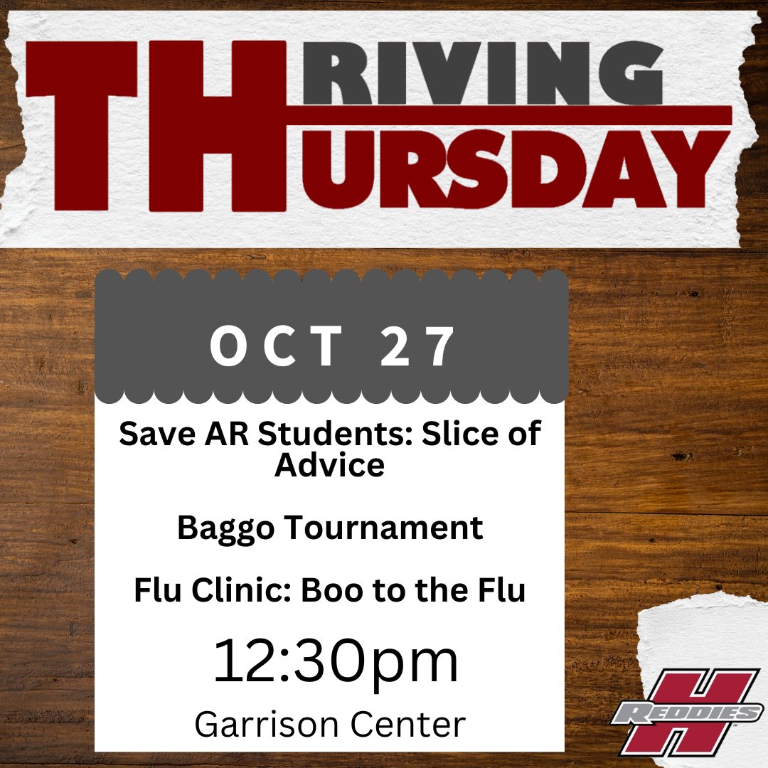 HSU_SEC's tweet photo. Today is THRIVING THURSDAY!!!
Do not forget and come out to the Garrison Center and Say Boo to the Flu while getting a Slice of Advice about education and prevention of substance misuse and relaxing by participating in our Baggo Tournament.
We hope to see you there!!!
#LiveReddie https://t.co/scy03T5LCn