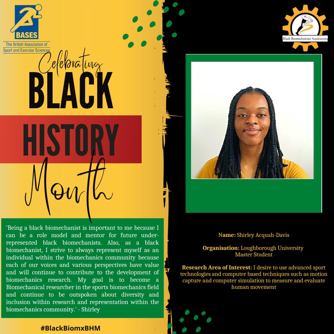 Today we would like to celebrate Shirley Acquah-Davis who is committed to using sport tech to measure & evaluate human movement. Here she is with @BlackBiomechs discussing what biomechanics means to her and what it means to be a black biomechanist. #BlackBiomxBHM