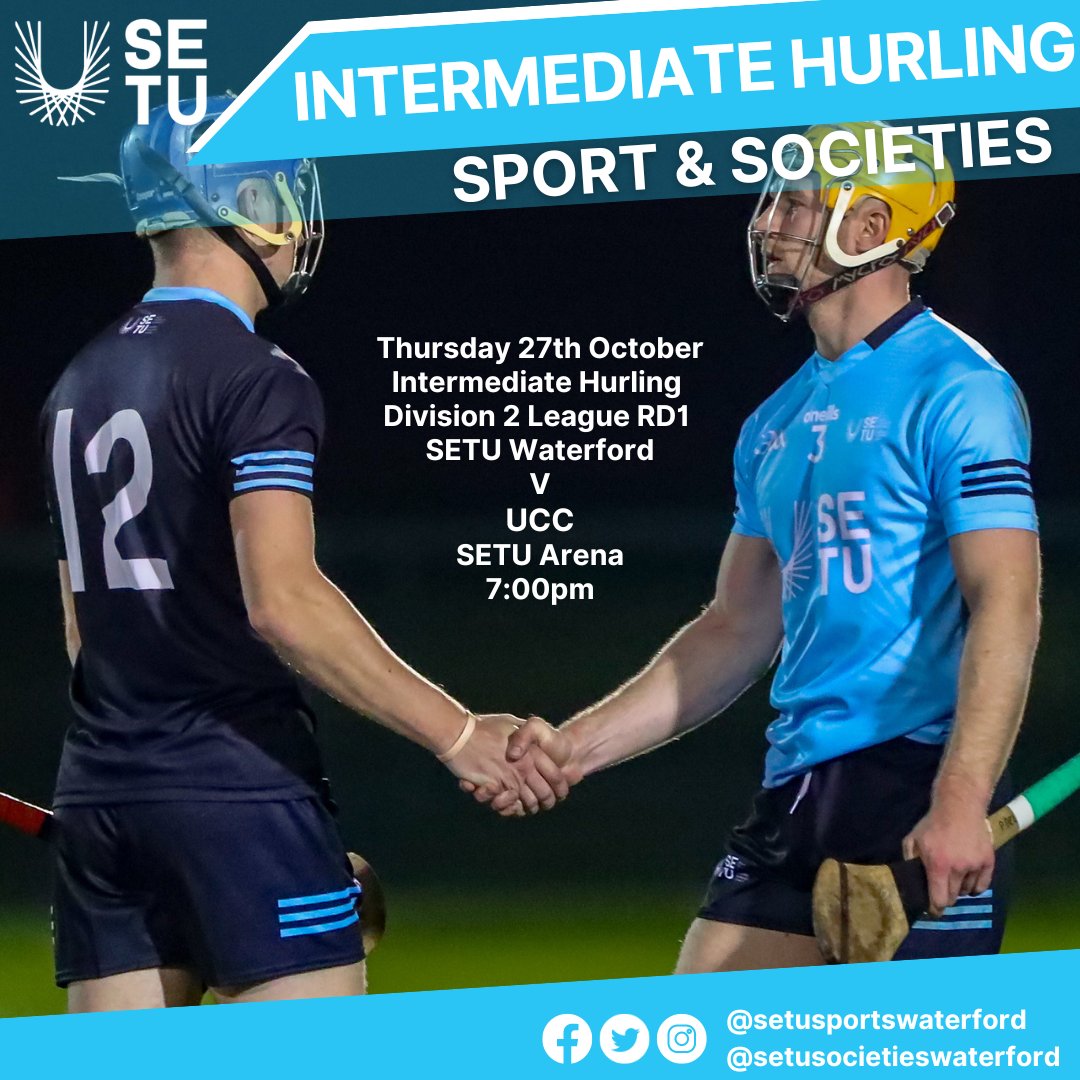 Intermediate Hurling Division 2 League RD1. 🗓️Thursday 27th October 📍 SETU Arena ⏰7:00pm 🚍Bus @ 5:40pm from T&L Best wishes to all involved 👊