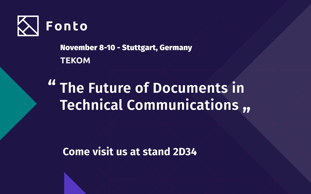 FontoXML's tweet photo. Are you attending @tekom_Europe in Stuttgart? We'll be there together with our @RWSGroup colleagues. Visit us at booth 2D34. https://t.co/evoPrm6LrO
#tekom #techcomm #tcworld #futureofdocuments #fonto https://t.co/ValYTu47vv