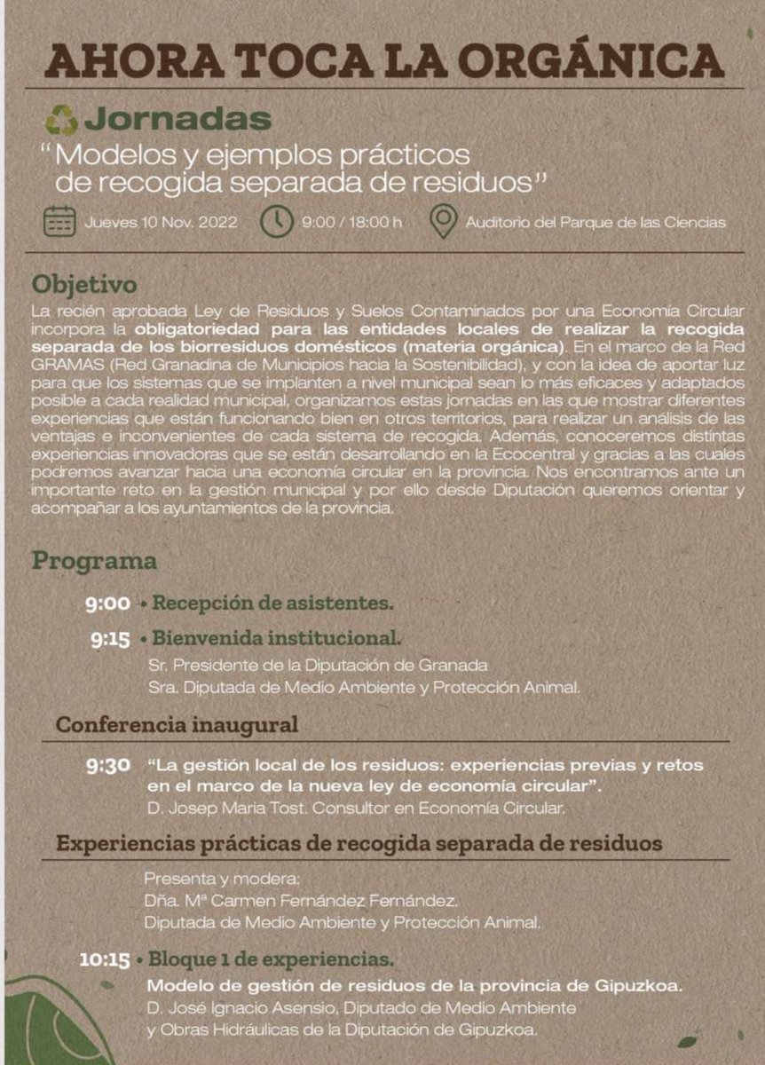 josepmariatost's tweet photo. AGENDA: Tot apunt per participar a la jornada “Ahora toca la orgánica” organitzada per la #DiputacióndeGranada @dipgra. Aportant reflexió sobre la necessitat d’una bona recollida selectiva de residus municipals i l’impacte de la nova llei de residus sobre el món local. #RedGRAMAS https://t.co/dBldOj8XTA