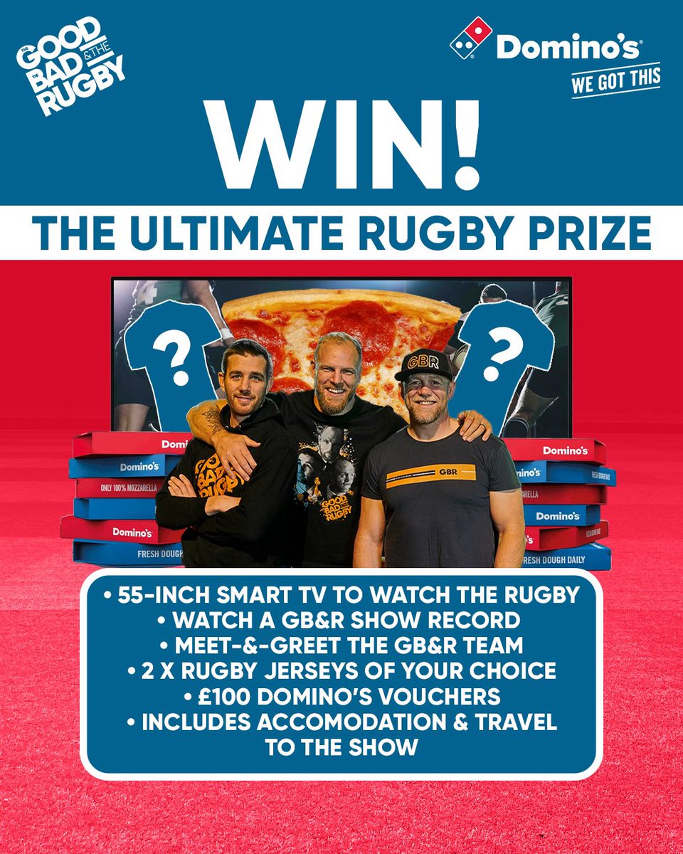 🚨 WIN! 🚨

We’ve teamed up with @dominos_uk for the ultimate rugby giveaway. 🍕🏉

To enter…
1️⃣ Like &amp; retweet this post
2️⃣ Follow @goodbadrugby &amp; @dominos_uk

T&amp;C’s apply.

Competition closes on ** Thursday 3rd November at 10am **
