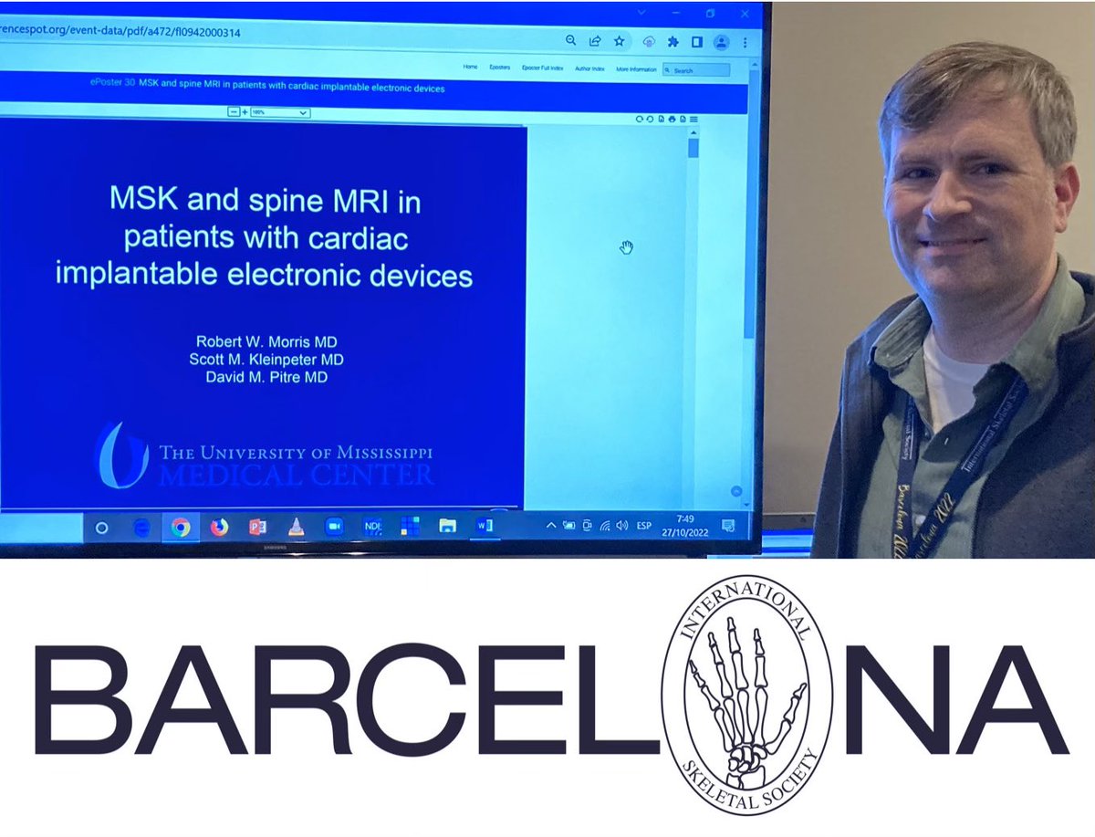 Congratulations to Dr. Robert Morris and #radres Scott Kleinpeter and David Pitre for their exhibit at the International Spine Society in Barcelona! Important discussion of MRI in implantable medical devices (pacemakers, stimulators, etc)