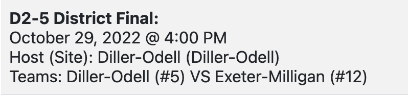 DillerOdell's tweet photo. The official NSAA Volleyball District Finals are out.  Diller-Odell will play Exeter-Milligan on Saturday, October 29th @ 4PM in Odell.  Because the Griffins are the higher seed and the teams are close the Griffins will host.  #griffinpirde. https://t.co/yEapp5MA77