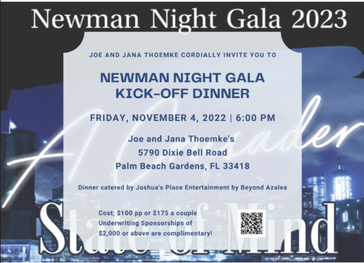 Hello Newman Family! We are just 8 days away from the official kick-off of our annual Gala! Honorary Chairpersons Joe & Jana Thoemke invite you to join them at their beautiful home for dinner, entertainment, and great friends! R.S.V.P. for November 4th at cardinalnewman.com/event/newman-n…