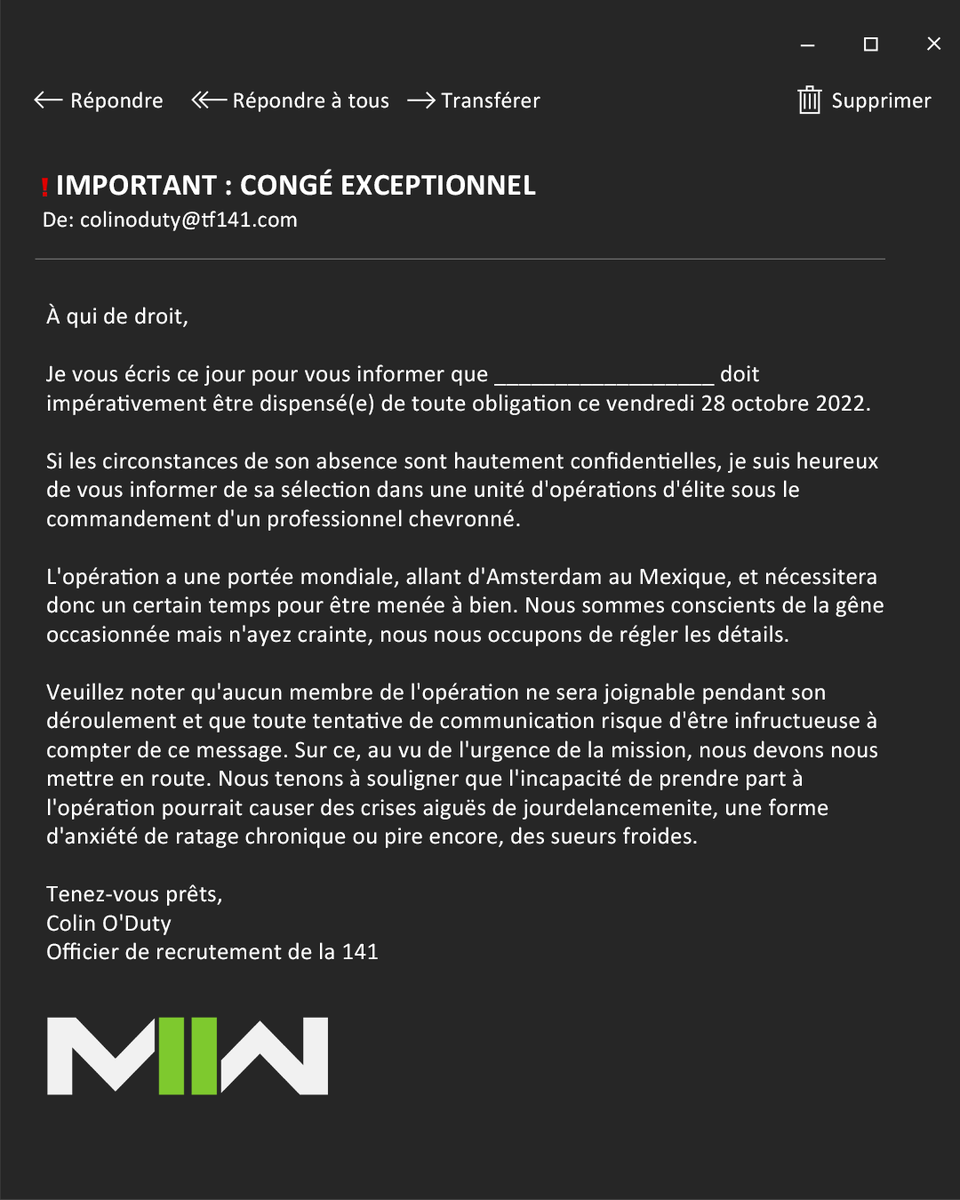 CallofDutyFR's tweet photo. Vous avez oublié de prendre votre vendredi ?
 
Envoyez ce message pour vous libérer et passer votre journée à jouer à #ModernWarfare2. Un plan infaillible. https://t.co/220akdfJbb
