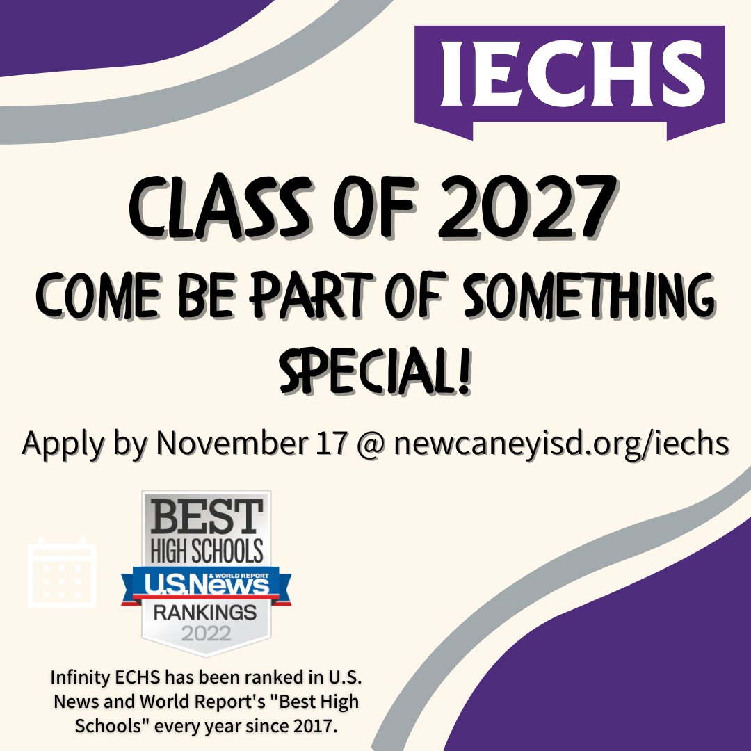Do you know a current 8th grade NCISD student who should join our family at IECHS in the fall? If so, it's time to apply! Go to newcaneyisd.org/iechs and look for “Apply Here” under Campus Announcements. The deadline to apply is November 17th. #Classof2027 #GoKnights #NCISD