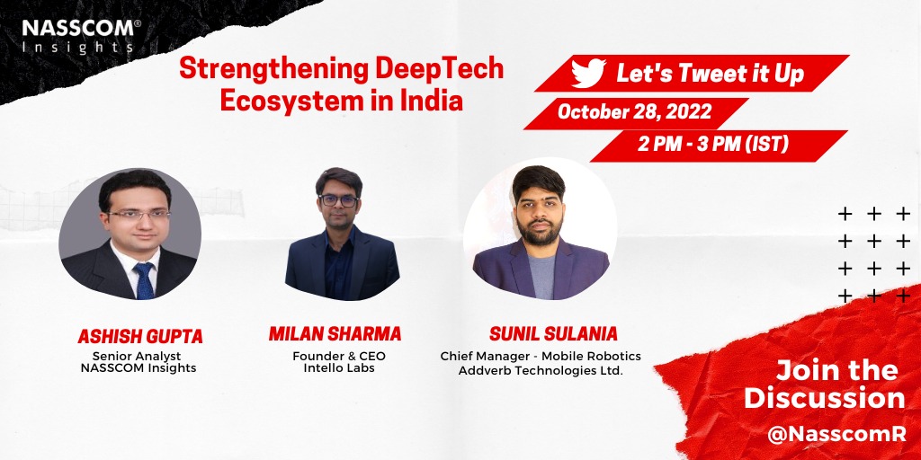Join us for the #TwitterChat on 

'Strengthening DeepTech Ecosystem in India'

🗓️Oct 28, 2022
⏲️ 2 - 3 PM (IST)

#tweet #Deeptech #techtwitter #startups #WorldClassFromIndia #techtrends #innovation #techcommunity #mobile #robotics #AI #ML #DeepLearning #TweetChat #Digital
