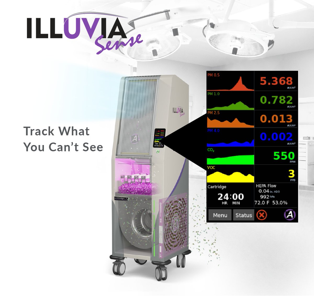 Illuvia Sense is equipped with integrated sensors that track and record quality metrics such as particulate sizes, temperature, and humidity levels, CO2 levels, and more!  aerobiotix.com #Aerobiotix #cleanair #IlluviaSense #Aerobiotix #ultracleansurgery