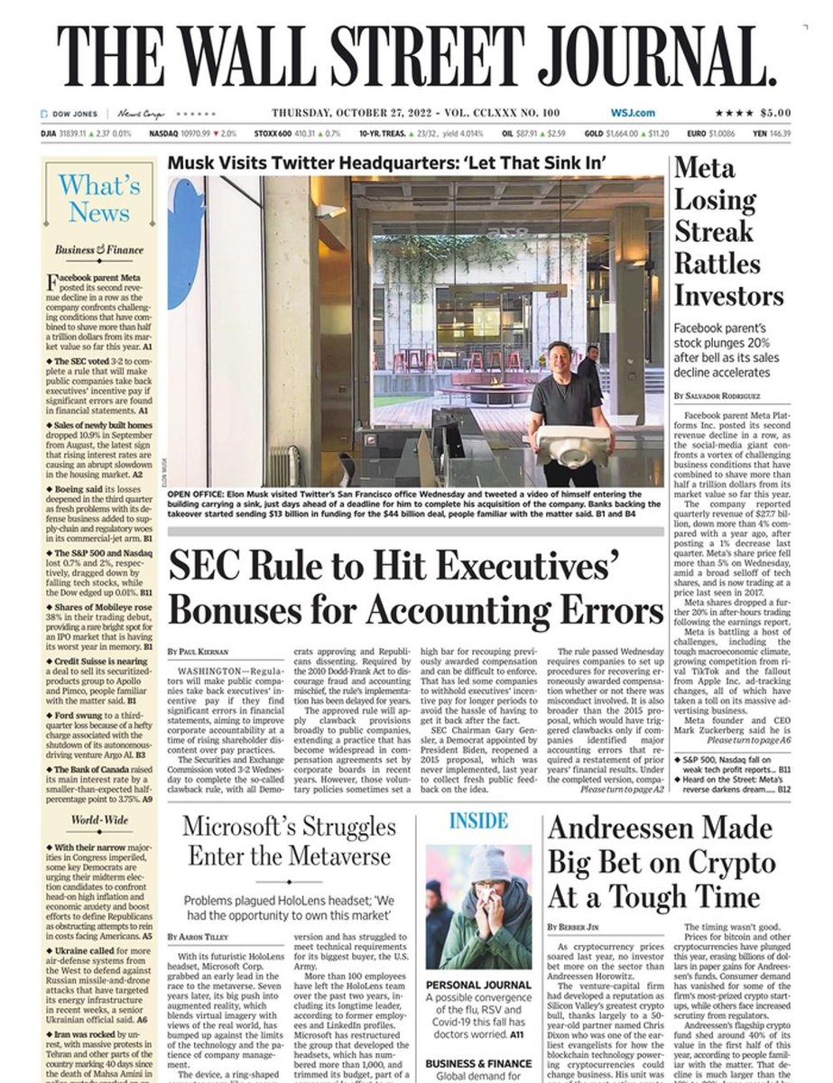 The front page of The Wall Street Journal this morning.
Thursday, October 27 2022.