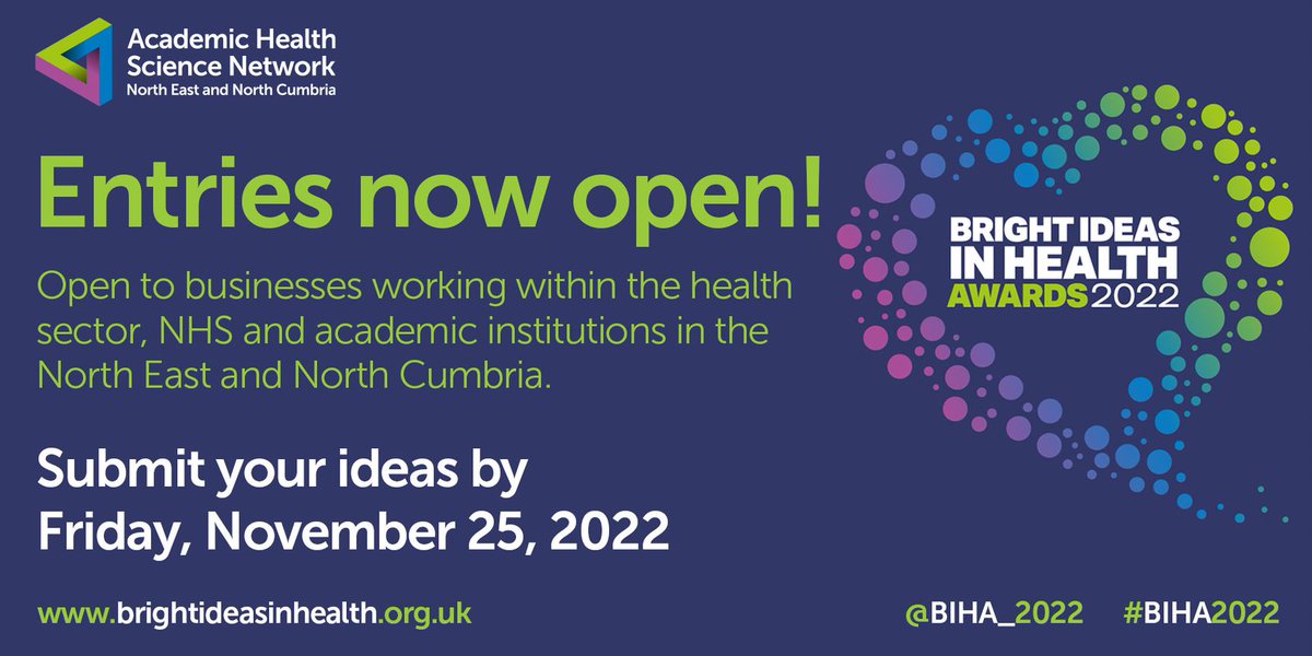 📣 Do you have a ground-breaking healthcare innovation that has improved patient care? Enter #BIHA2022 to win a cash prize & support from innovation experts @AHSN_NENC to progress your idea ➡️ brightideasinhealth.org.uk #BIHA2022