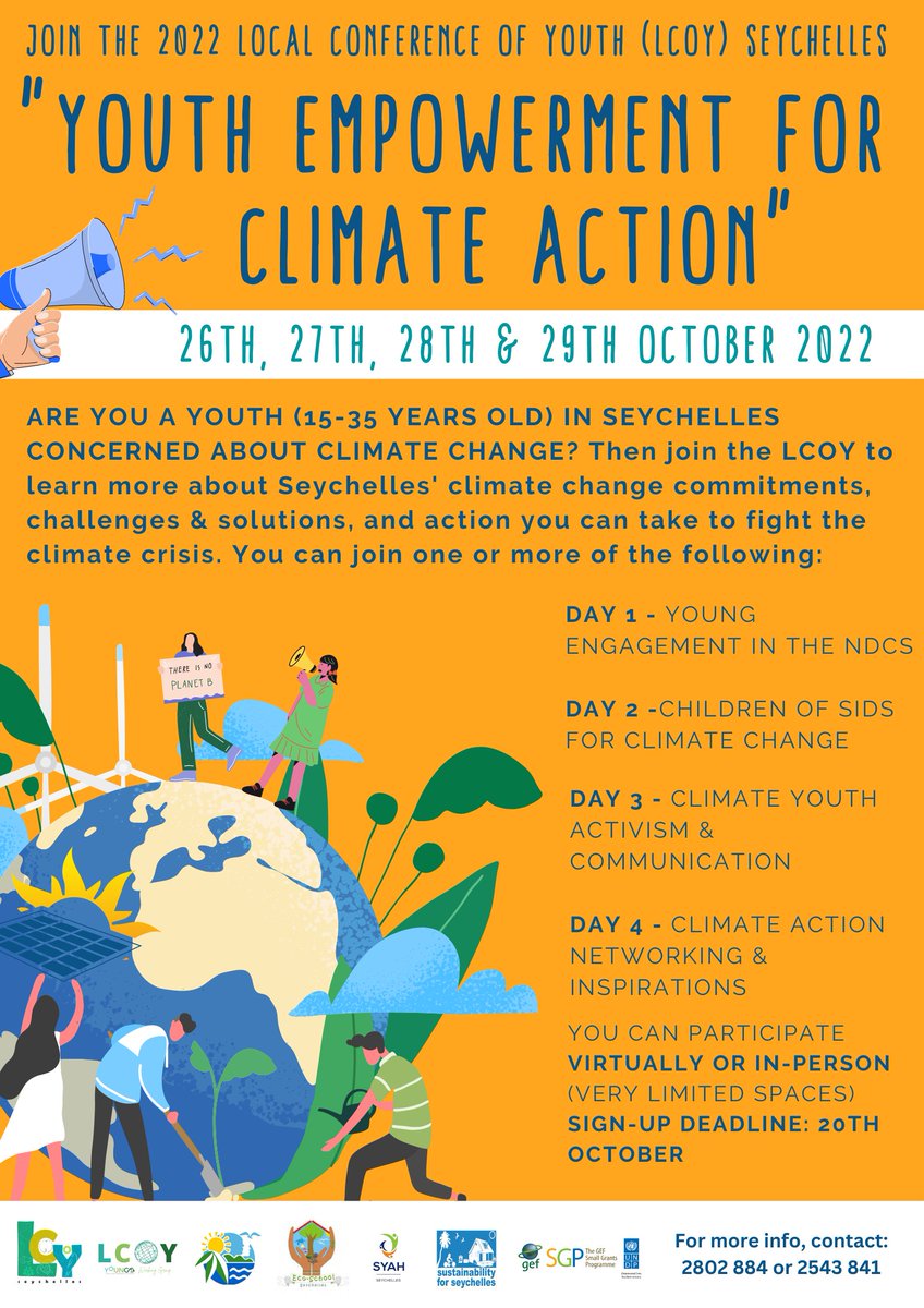 hlcchampions's tweet photo. Are you a youth in the #Seychelles and concerned about #ClimateChange? Join the LCOY to learn more about Seychelles' commitments, challenges and solutions.

There's still time to join the conversation on Fri 28th  and Sat 29th October.

🔗 https://t.co/oKGPeu4IF6

#ClimateAction https://t.co/wD6WKvWnpW