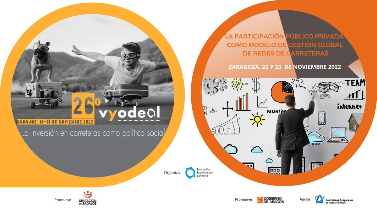Otoño “carretero” con dos grandes citas del sector viario. BADAJOZ Y ZARAGOZA, EN RUTA DE OESTE A ESTE
🟠#26Vyodeal (Badajoz, 16 al 18/nov): 26vyodeal.aecarretera.com
🟠#PPPZaragoza2022 (Zaragoza, 22 y 23/nov):pppgestioncarreteras.aecarretera.com