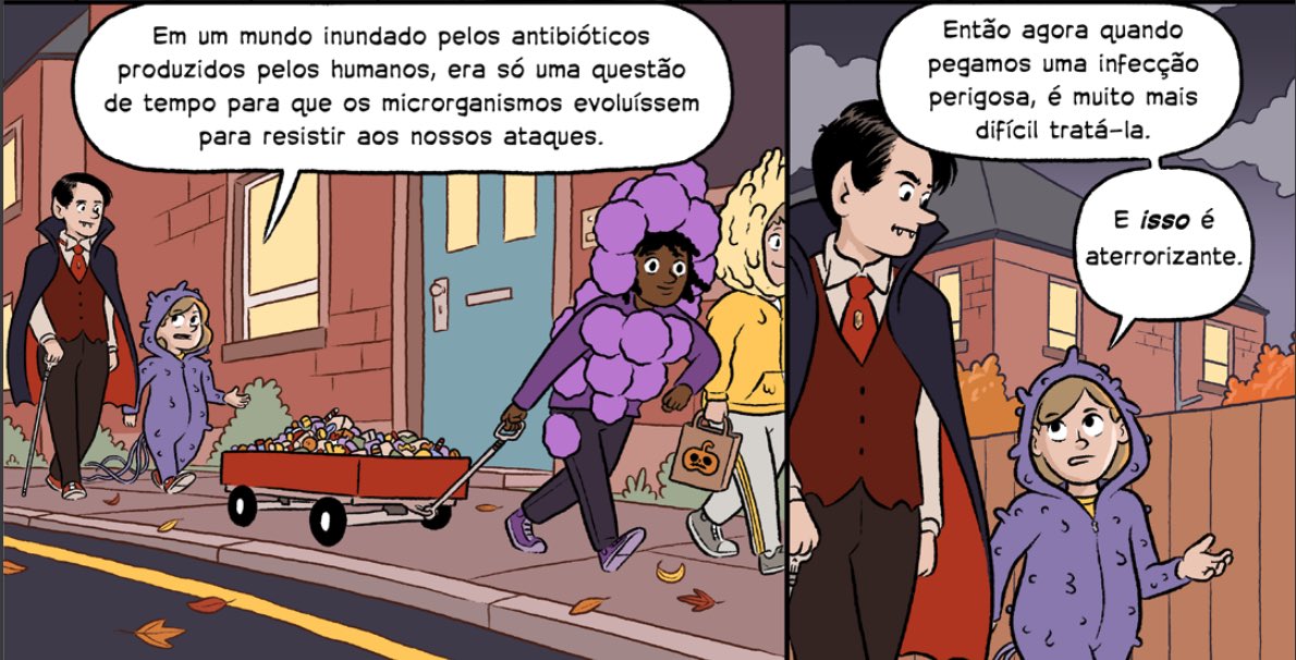 antibioticoSOS's tweet image. Vocês já pensaram na fantasia do dia das bruxas? Luna e seus amigos já, esse ano eles se transformaram em #superbactérias e arrasaram no “doces ou travessuras”, até que as coisas saíram um pouco de controle e eles precisaram da ajuda dos bacteriófagos para salvar o dia!