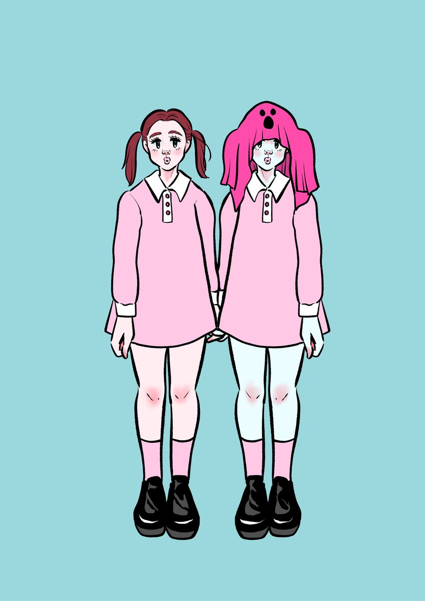 multiple girls 2girls black footwear dress twintails pink dress shoes  illustration images