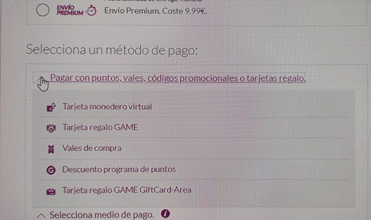 GemmyRubio's tweet photo. @OLR73 @GAME_SAC Cuando te pregunta que elijas un método de pago, se abre un desplegable que se llama "Pagar con puntos, vales, códigos promocionales o tarjetas de regalo". 😉 https://t.co/HkgSTCjSSs