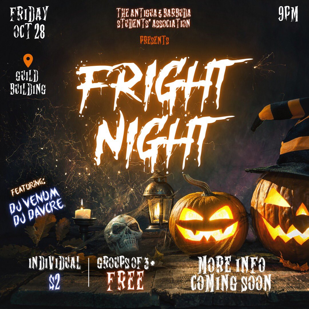 Mark your calendars, this Friday is ABSA's official _*FRIGHT NIGHT*_, the most epic Halloween event! 👻🧛🏻‍♂️🎃

🕘 9PM UNTIL
📍Guild Building

Sneak Peak into the night:
• Rum Potions 🧪 
• Costume Prizes 🎁
• Beer Chugging Competition 🍺
• Hot Wing Eating Competition 🍗