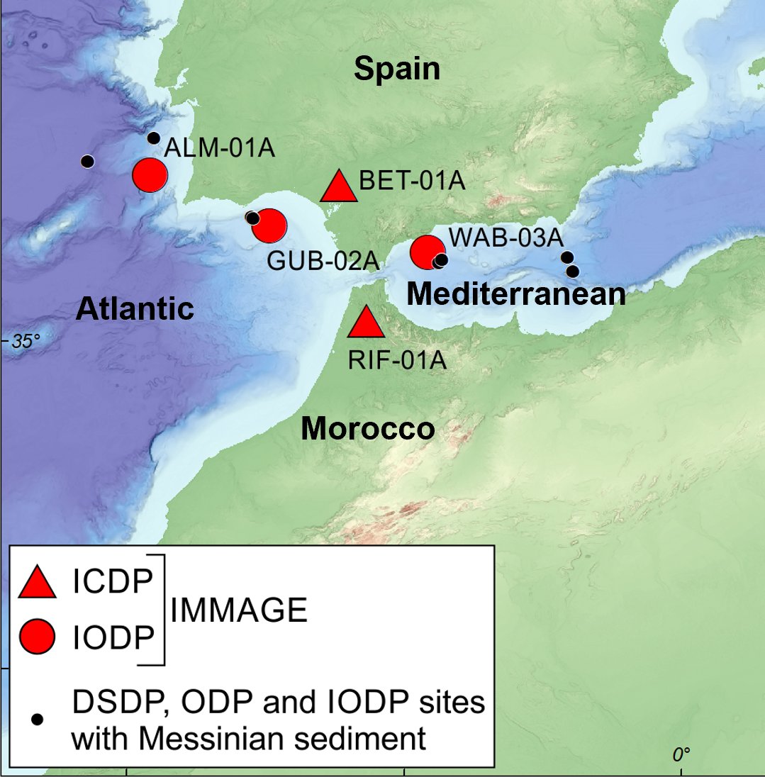 IMMAGE is the first ever land-2-sea drilling project. This involves drilling on all four sides of the Gibraltar Strait to recover an 8-5Ma record of exchange between the Atlantic and Mediterranean - see our targets below. Follow this account to find out how the project develops.