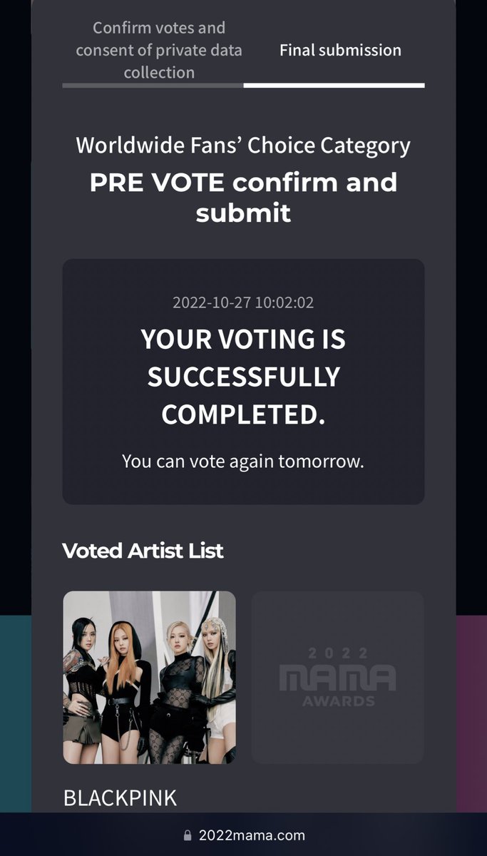 #MAMAVOTE #blackpink Worldwide Fans Choice PRE-VOTE #BLINKS! We have lost Top10 overall, please vote before reset! Reply your proof of MAMA votes below: 2022mama.com/vote Pre-Voting ends: Nov. 4 23:59 KST