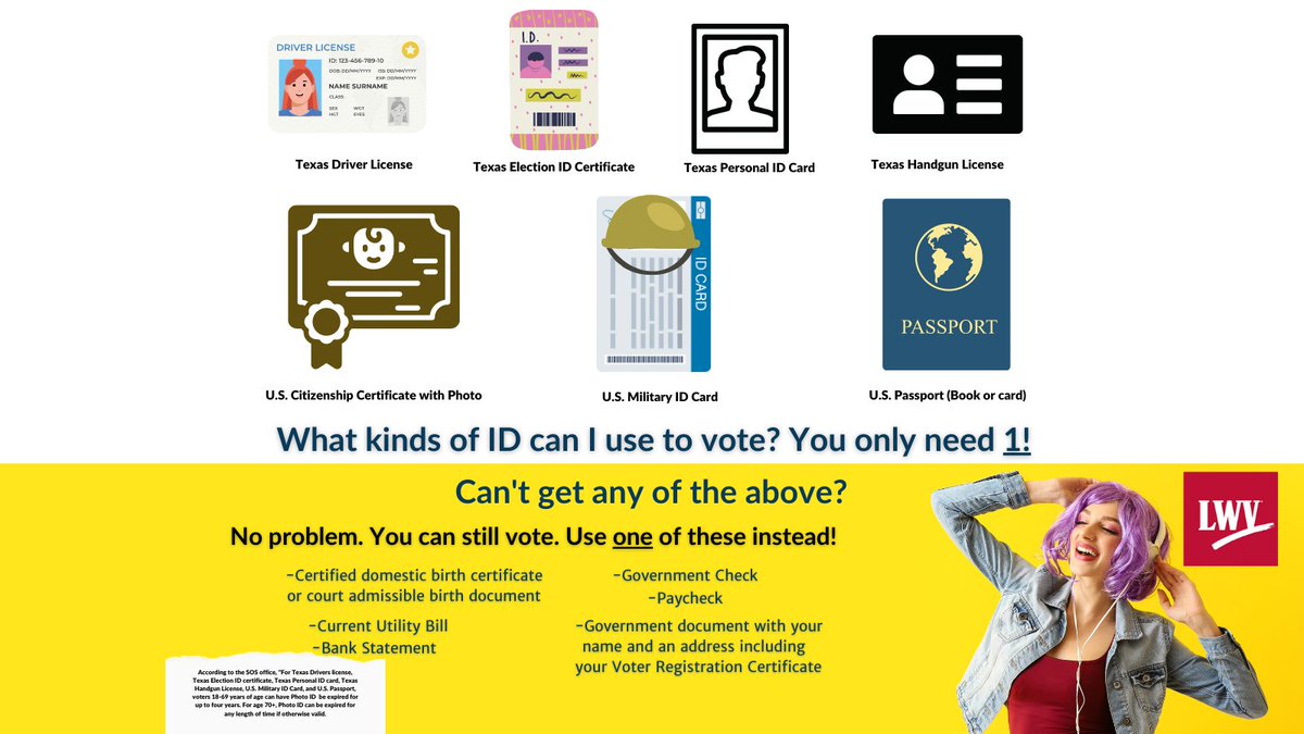 HaysCo_LWV's tweet photo. ๐๐จ๐ญ๐๐ซ ๐๐ can sometimes be troublesome in Texas, but luckily, you can use many forms of ID to bring with you to vote. โ๏ธ
View the SOS office website to see the acceptable forms of voting ID:
https://t.co/OHpMPXgXfu
#voterID #votetexas #earlyvoting #TexasSOS #hayscounty https://t.co/rp8FWOZIOS