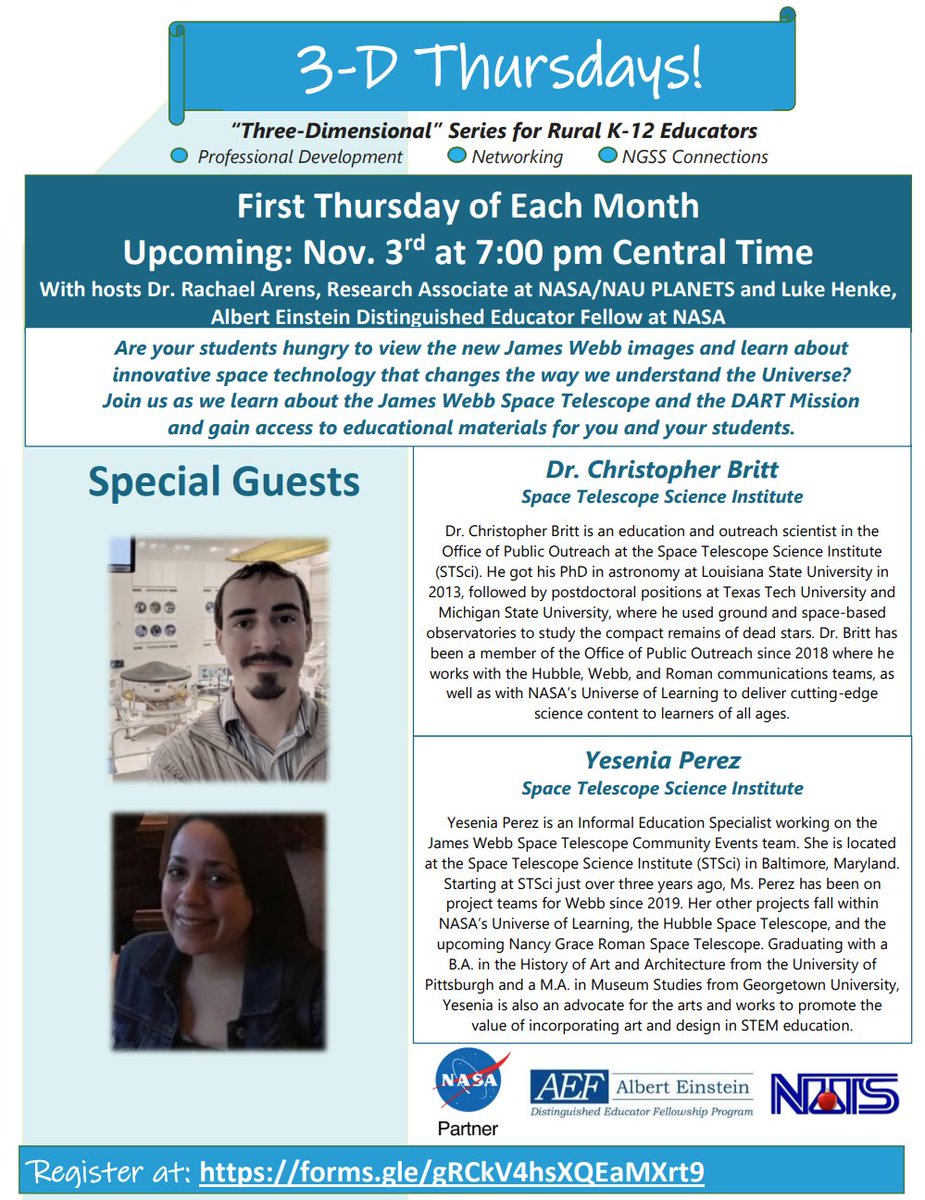 Dr. Rachael Arens, EdD (@arensrachael) on Twitter photo Hey teachers! Sign up for the next <a href="/NASA/">NASA</a> 3-D Thursdays on Nov 3rd, 8pm ET to learn about the James Webb Space Telescope and DART Mission and gain access to educational materials! 🚀
Register at forms.gle/gRCkV4hsXQEaMX…
#RuralSTEM
#rural
<a href="/AEF_Program/">AEF Program</a>
<a href="/NATS_Science/">NATS (Nebraska Association of Teachers of Science)</a> Hey teachers! Sign up for the next <a href="/NASA/">NASA</a> 3-D Thursdays on Nov 3rd, 8pm ET to learn about the James Webb Space Telescope and DART Mission and gain access to educational materials! 🚀
Register at forms.gle/gRCkV4hsXQEaMX…
#RuralSTEM
#rural
<a href="/AEF_Program/">AEF Program</a>
<a href="/NATS_Science/">NATS (Nebraska Association of Teachers of Science)</a>