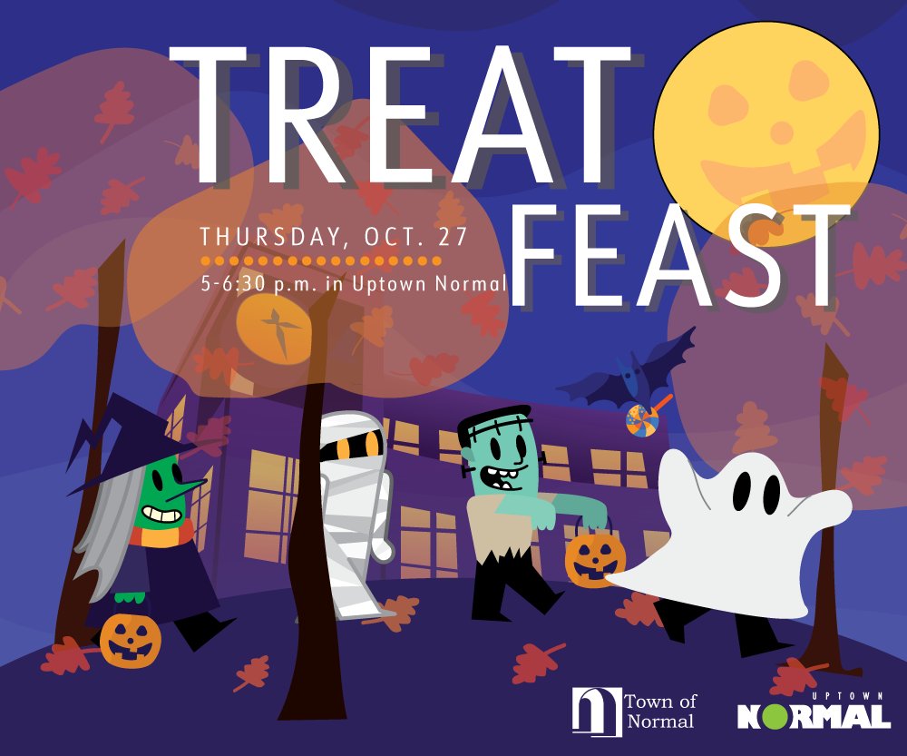 Treat Feast overtakes Uptown Normal TONIGHT! Dress in your spookiest, strangest or silliest and join us for an evening of trick-or-treating in the city center, plus a Monster Mash dance party powered by Rivian in Uptown Circle. See you there!

normalil.gov/1680/Treat-Fea…