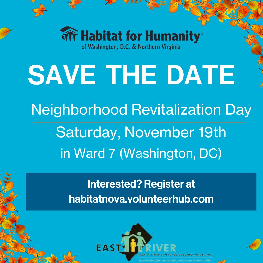 Join Habitat DC-NOVA in partnership with East River Family Strengthening Collaborative to assist local senior citizens in upkeeping their yard by raking leaves, pruning bushes, picking up trash, etc. Register at habitatnova.volunteerhub.com.