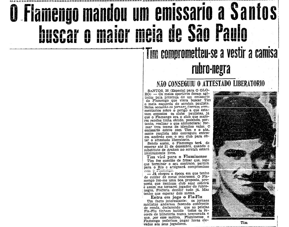 flahistoria's tweet photo. 27/10/1936 #flahistoria
[📰 O Globo]

O @Flamengo mandou um emissário a Santos buscar o maior meia de São Paulo

🗣️ "- O Flamengo fez-me uma boa proposta, proposta que nenhum club aqui cobrirá e assim me tornarei jogador do rubro-negro" - Tim

#FlaTim #Flamengo https://t.co/vhu1zgVxkA