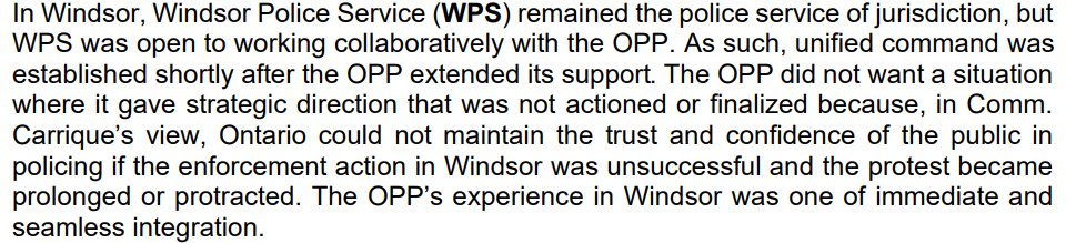 Carrique’s statement obviously contrasts experience working with OPS and working with Windsor cops over Ambassador Bridge blockade. Says they immediately established integrated command in a “seamless integration.”