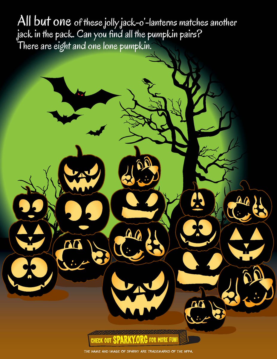 Sparky_Fire_Dog's tweet photo. Watch out Jack O'Lanterns! Head over to https://t.co/tW5Z406XsX and find the mismatched jack in the pack. #Halloweenfun #HalloweenSafety #kidsactivities https://t.co/MFLfFP5xOl