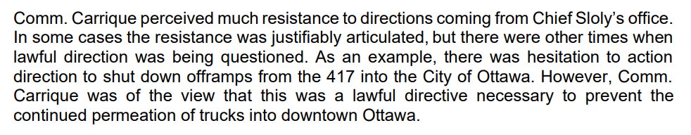 Carrique perceived “much resistance” to Sloly’s orders during the occupation, including times when legitimate directives were questioned. Cites Sloly’s order to close 417 offramps as an example.