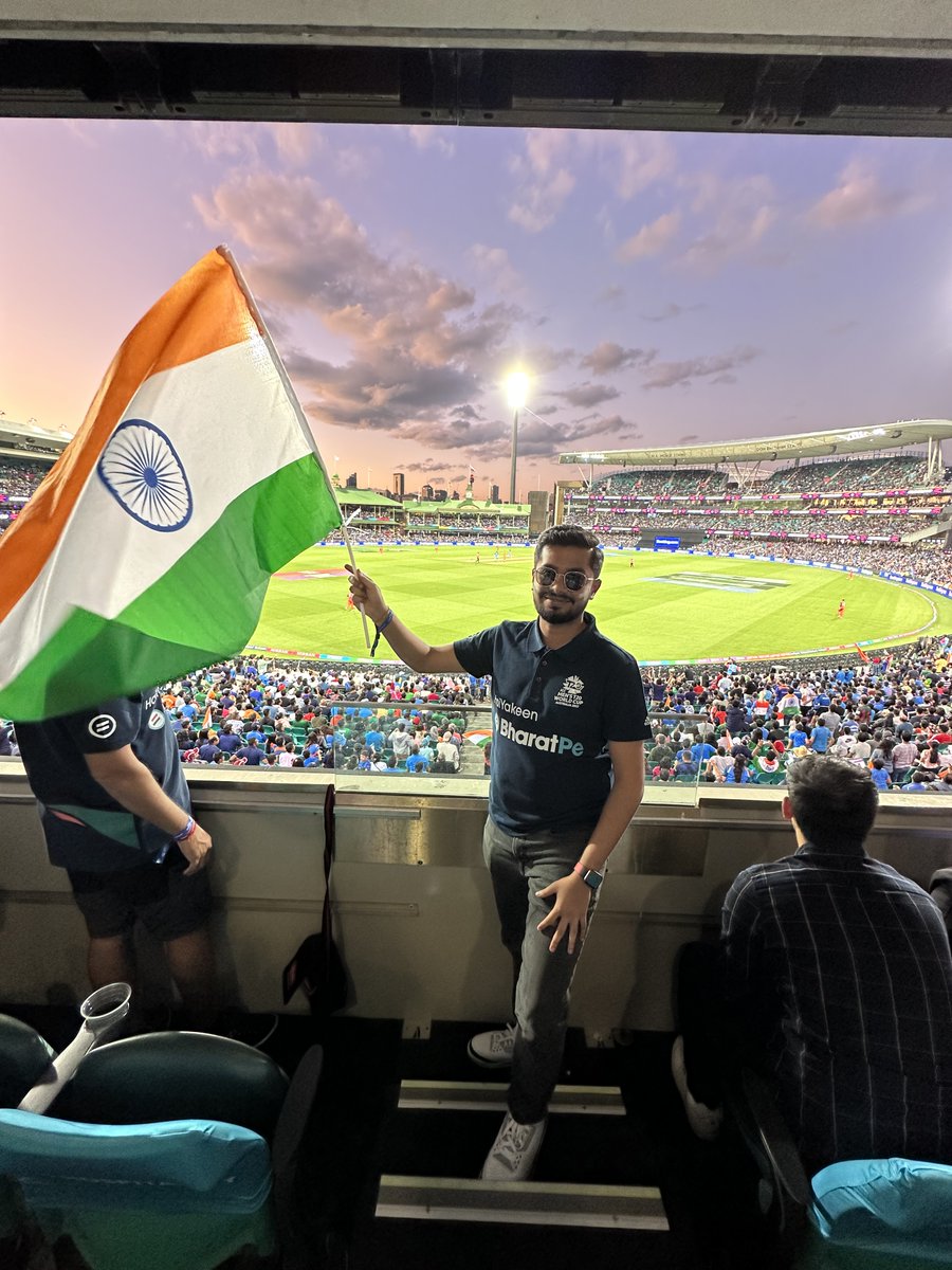 bharatpeindia's tweet photo. As a part of our latest initiative, BharatPe has taken its select employees on an all-expenses trip to Australia. 

Members of team #BharatPe were present today at the Sydney Cricket Ground stadium to watch the Ind Vs Neth match &amp; cheer for Team India. 
#ICCT20WorldCup https://t.co/17HeRRFOr2
