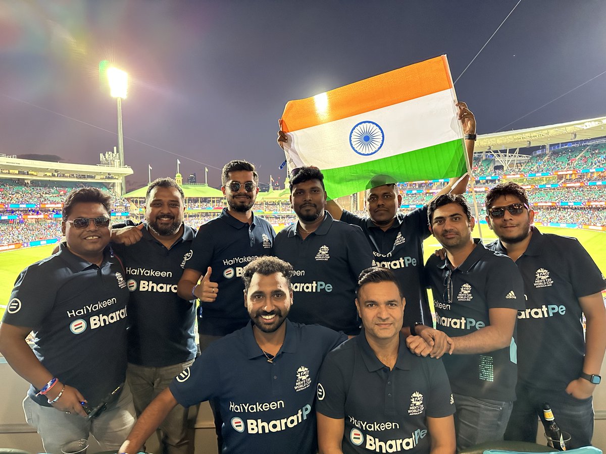 bharatpeindia's tweet photo. As a part of our latest initiative, BharatPe has taken its select employees on an all-expenses trip to Australia. 

Members of team #BharatPe were present today at the Sydney Cricket Ground stadium to watch the Ind Vs Neth match &amp; cheer for Team India. 
#ICCT20WorldCup https://t.co/17HeRRFOr2