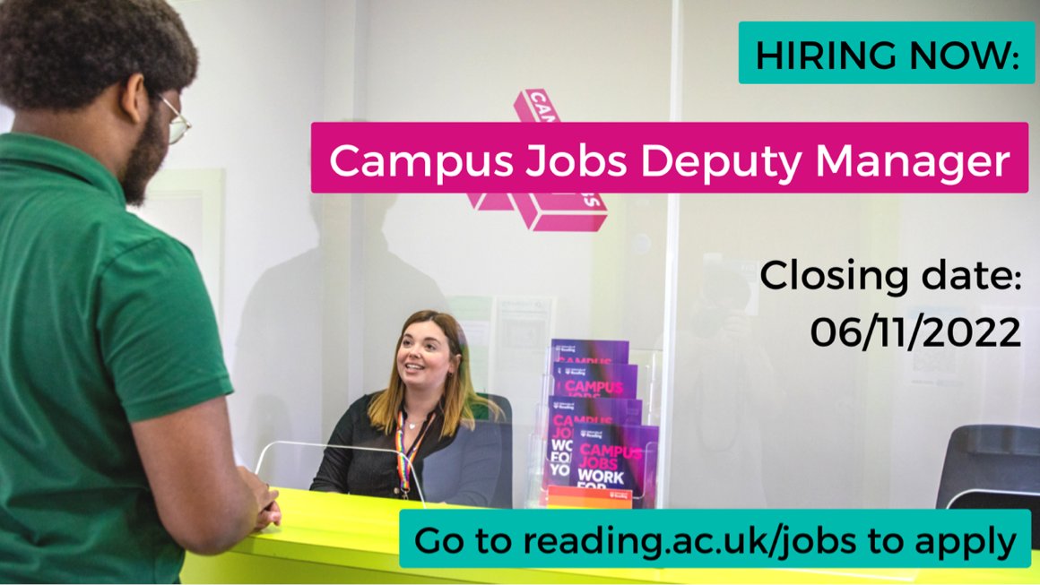 Recent graduate? Keen to work at the University? We are hiring for our Campus Jobs Deputy Manager role, applications are open until 6th November over at: jobs.reading.ac.uk/displayjob.asp… Apply now, if you're looking for your next permanent full time role and would like to join our team!