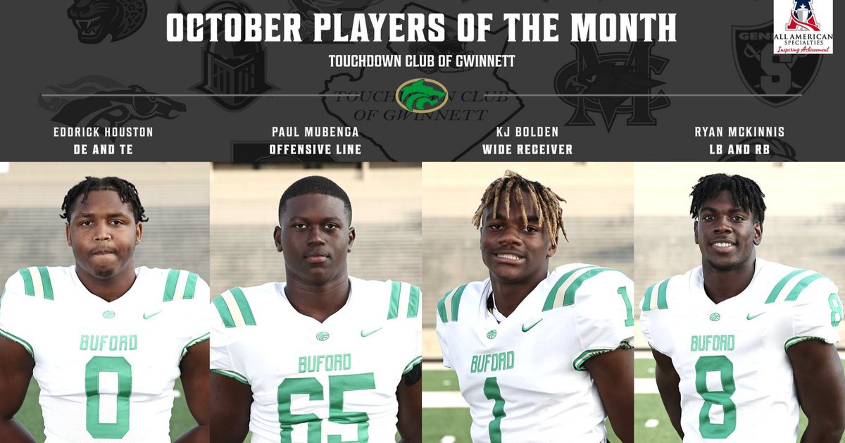 Gwinnett TD Club, October Players of the month! Congratulations to these players and their coaches. @buford_football @bufordathletics @CoachApp35 @GDPsports @willhammock