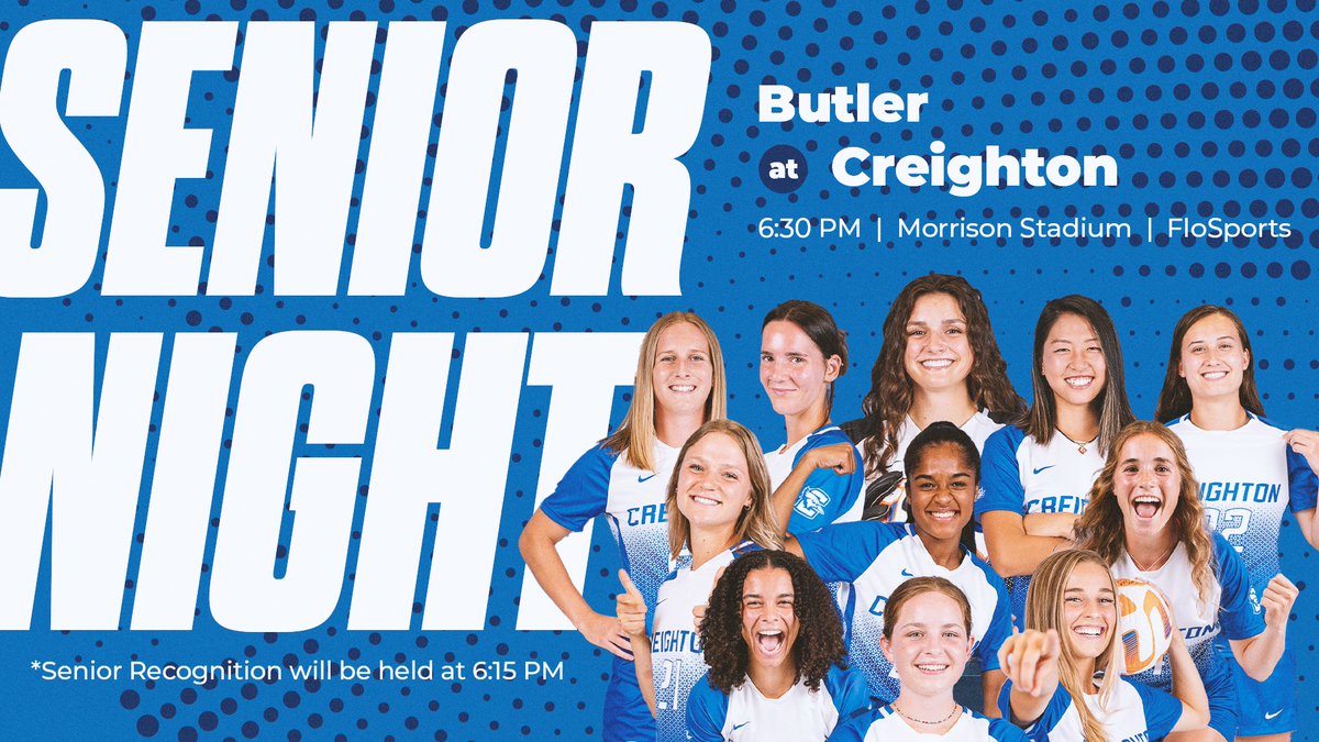 CreightonWSoc's tweet photo. Playing for some very special people tonight 🫶 

Senior Night 🆚 Butler
Senior Recognition ⏰ 6:15 PM
Kickoff ⏰ 6:30 PM 
📍 Morrison Stadium
https://t.co/A1czze2xqS
#GoJays https://t.co/QxNSbEchm6